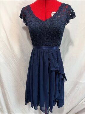 Navy Lace Bodice Chiffon Midi Dress XS97